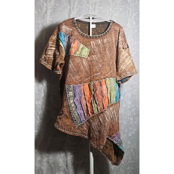 Vintage Tops - Boho Hippie TShirt Womens M/L Patchwork Short Sleeve Asymmetrical Lagenlook 90s